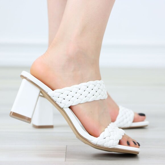 White Block Low Heeled Mule Open Squared Toe Slip On Sandals Braided Straps - Picture 6 of 14